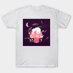 Cute white cat, mushroom and curious flowers, version 4 T-Shirt